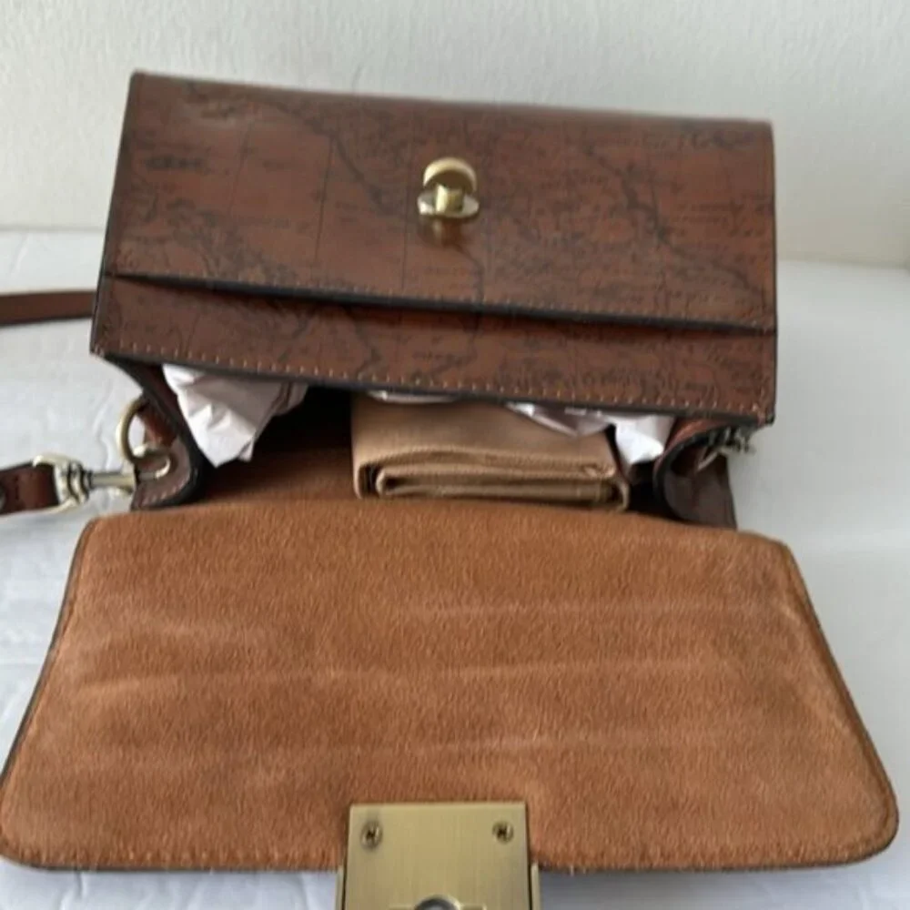 Patricia Nash Chauny Riot Rust Map Print Leather Crossbody Handbag Top Handle e
